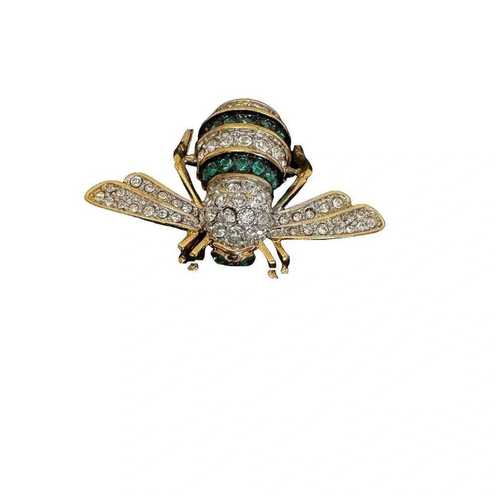 Joan Rivers Collection Gold Tone Clear and Green Bee Brooch Pin Rhinestones NWOT